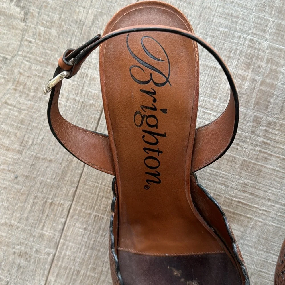 Brighton Fancy Brown & Black Laser Cut Kitten Heel Slingback Shoes Size 8 - Picture 3 of 10